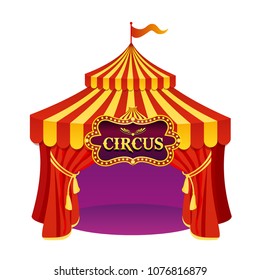 Vector illustration of bright colors circus tent with beautiful emblem isolated on white background.