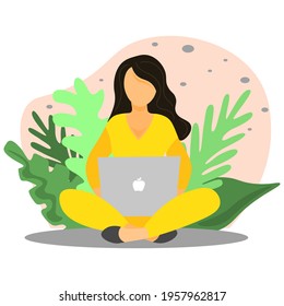 Vector illustration in bright colors of remote work at the computer. The girl holds a laptop on her lap, behind her plants.