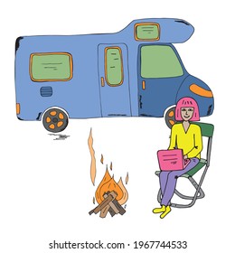 Vector illustration in bright colors of remote work at the computer. The girl works at a laptop outside the office. Drawn by hand in a doodle style. Cartoon. Coloring pages for children and adults