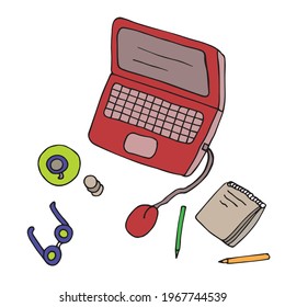 Vector illustration in bright colors of remote work at the computer. Drawn by hand in a doodle style. Cartoon. Coloring pages for children and adults. Can be used in banners and posters. Comics