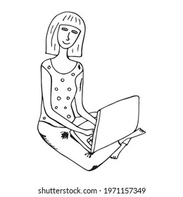 Vector illustration in bright colors of remote work at the computer. The girl works at a laptop outside the office. Drawn by hand in a doodle style. Cartoon. Coloring pages for children and adults