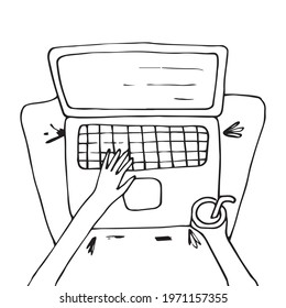 Vector illustration in bright colors of remote work at the computer. Drawn by hand in a doodle style. Cartoon. Coloring pages for children and adults. Can be used in banners and posters. Comics