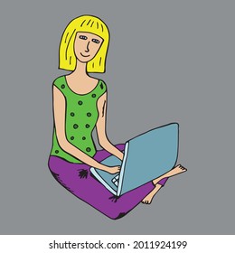 Vektorgrafik in hellen Farben der Fernarbeit am Computer. Das Mädchen arbeitet auf einem Laptop außerhalb des Büros. Handgezeichnet in einem Doodle-Stil. Cartoon. Farbseiten für Kinder und Erwachsene