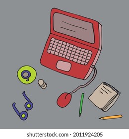 Vector illustration in bright colors of remote work at the computer. Drawn by hand in a doodle style. Cartoon. Coloring pages for children and adults. Can be used in banners and posters. Comics