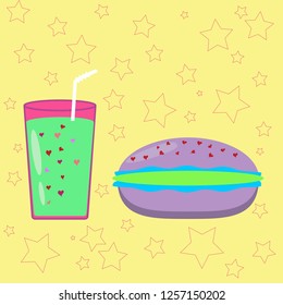 Vector illustration in bright colors. It shows a burger decorated with hearts and a drink in a glass with a straw.