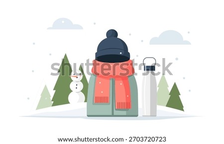 Vector illustration in   bright colors of winter hiking or camping gear with a warm knitted hat, scarf, backpack, thermos, and a snowman against a snowy landscape with fir trees and light snowfall 