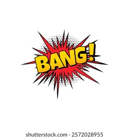 Vector illustration of bright comic retro bubble with words "Bang " Dialogue frame with text in red and yellow on isolated background. Vintage pop art. Superhero expression of speech.