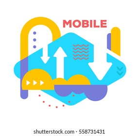 Vector illustration of bright creative abstraction with clouds and arrows on white background with word. Mobile technology colorful abstract concept. Flat art style design for web, banner, poster