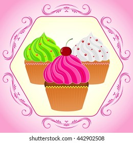 Vector illustration. Bright Cupcakes Set in fancy pink frame