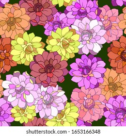 vector illustration, bright dahlia flowers, seamless pattern, wallpaper ornament, greeting card with flowers in bright color, background for different design