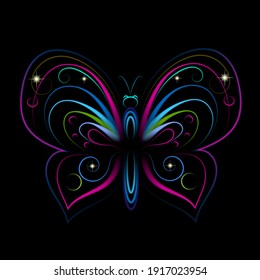 Vector illustration of a bright decorative butterfly on a black background. An element for decorating fabrics, books, scrapbooks, accessories, bright print on clothes.