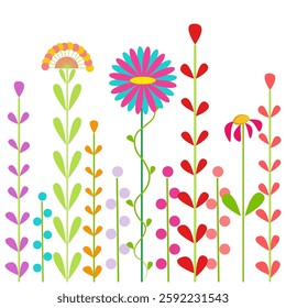 Vector illustration with bright decorative flowers and plants on a white background. Stylish and minimalistic design with multi-colored petals, leaves and stems, creating a feeling of lightness 