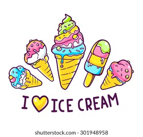 Vector illustration of bright different ice creams with inscription i love ice cream on white background. Hand drawn line art design for web, site, advertising, banner, poster, board and print.  