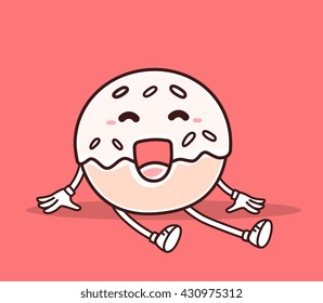 Vector illustration of bright donut sitting smile with hands, legs on red background. Creative cartoon donut concept. Doodle style. Thin line art flat design of character donut for positive, relax