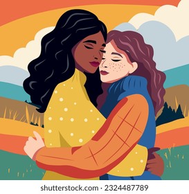 Vector illustration bright drawing pride month love two curly girls lgbt lesbian girlfriends different cultures nationality rights women friendship hug friend nature rainbow icon people flat style
