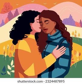 Vector illustration bright drawing pride month love two girls lgbt lesbian girlfriends different cultures nationality rights women friendship hug friend nature rainbow icon people flat style