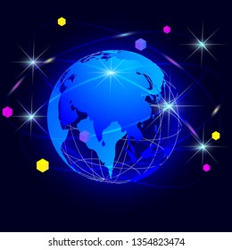 Vector illustration. Bright Earth globe, world map, with highlights and flashes with colorful cubes on a dark background. Flat icon.