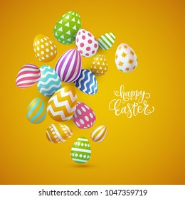 Vector illustration, bright Easter background with 3d decorated eggs and Happy Easter lettering.