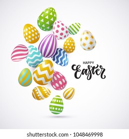 Vector illustration, bright Easter background with realistic decorated eggs and Happy Easter lettering.