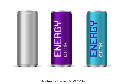 Vector illustration of bright energy drink cans in blue and purple color, isolated on white background 