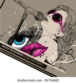 vector illustration of a bright eye,lips and a young singer in pink sunglasses