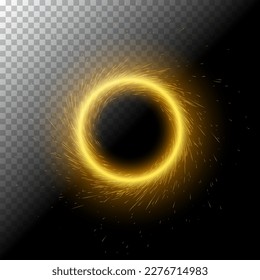 Vector illustration of bright fire magic portal with sparks, glowing lights in shape of radiant sparkling circle on black, transparent background. Round frame template with glitters. Luminous effect.