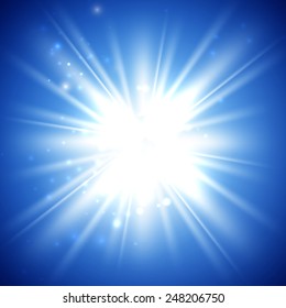 vector illustration of bright flash, explosion or burst on the blue background