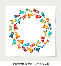 Vector illustration: bright flat icons with different rocket ship models in form of wreath isolated on white background. Project start up and development process. Innovation product and management.
