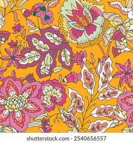 Vector illustration of a bright floral pattern in a decorative style on a colored background. Suitable for textiles and decor.