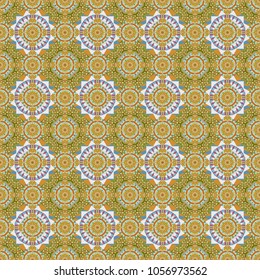 Vector illustration. Bright flower. Abstract kaleidoscope brown, blue and yellow background. Seamless pattern illustration for design.