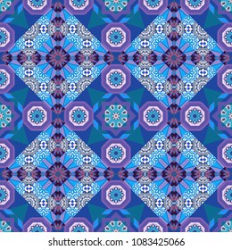 Vector illustration. Bright flower. Abstract kaleidoscope violet, gray and blue background. Seamless pattern illustration for design.