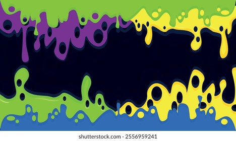 Vector illustration of bright flowing slime background. Cartoon scene backdrop with green, purple, yellow, blue pull slime with holes isolated on dark background. Sticky liquid. Halloween. Creepy.