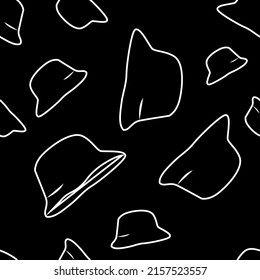 Ilustración vectorial. Patrón luminoso y sin fisuras con simples siluetas de panama de contorno. Fondo inagotable en blanco y negro. Estilo plano. Diseño de fondo para publicidad y productos tipográficos.