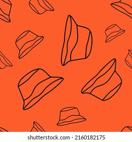 Vector illustration. Bright flying seamless pattern with simple contour panamas silhouettes. Orange endless background. Flat style. Background design for advertising and typographic products.