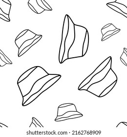 Vector illustration. Bright flying seamless pattern with simple contour panama silhouettes. Black and white endless background. Flat style. Background design for advertising and typographic products.