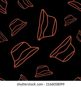 Vector illustration. Bright flying seamless pattern with simple contour silhouettes of Panama. Orange endless background. Flat style. Background design for advertising and typographic products.