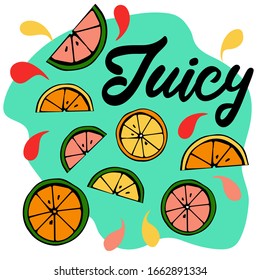 vector illustration of bright  frames stickers, emblems and banners for fruit and  fresh juice. Juicy fruit in the style of Doodle, flat.