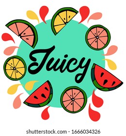 vector illustration of bright  frames stickers, emblems and banners for fruit and  fresh juice. Juicy fruit in the style of Doodle, flat.