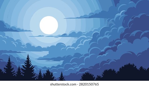 Vector illustration of a bright full moon shining through layered blue clouds over a dark forest silhouette in a stylized paper-cut aesthetic with monochromatic tones.