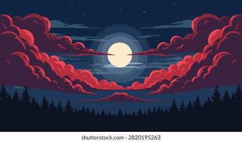 Vector illustration of a bright full moon glowing in a dark night sky with dramatic red clouds and a silhouetted pine tree forest landscape background. Starry night scene with atmospheric lighting.