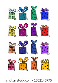 Ilustración vectorial con cajas de regalo brillantes para postales, pegatinas, impresiones, afiches, diseño de tarjeta. Diseño de Doodle.