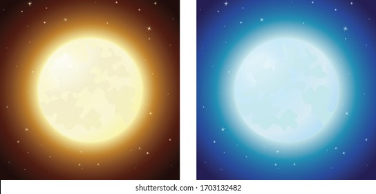 A vector illustration of a bright glowing full moon in a starry sky in two color options: orange and blue