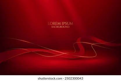 Ilustración vectorial brillante y brillante líneas de la curva de oro y rojo curva cinta arte de encuadernación y fondo rojo oscuro, digital de lujo geométrica moderna cubierta, tarjeta, Fondo de pantalla.