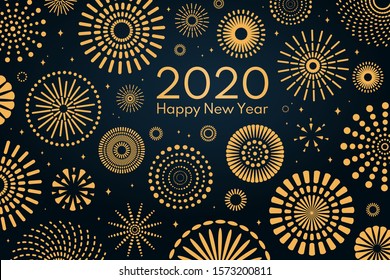 Vector illustration with bright golden fireworks on a dark blue background, text 2020 Happy New Year. Flat style design. Concept for holiday celebration, greeting card, poster, banner, flyer.