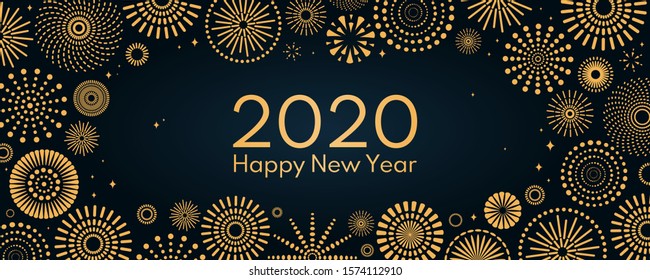 Vector illustration with bright golden fireworks on a dark blue background, text 2020 Happy New Year. Flat style design. Concept for holiday celebration, greeting card, poster, banner, flyer.