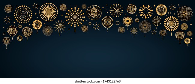 Vector illustration with bright golden fireworks border on a dark blue background, space for text. Flat style design. Concept for holiday celebration, greeting card, poster, banner, flyer.