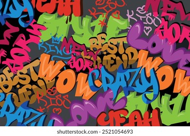 Vector illustration of bright graffiti, wall inscriptions.Cartoon scenes, beautiful street art, colorful graffiti, different inscriptions: love, best friend, kiss, crazy, wow, king, new york, hearts.