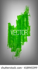 Vector illustration of bright green abstract shape painted by dry brush. Hand drawn shape. Grey background. Soft shadow, Textured element. Dynamic. Text. Design element. Grange texture. Modern.