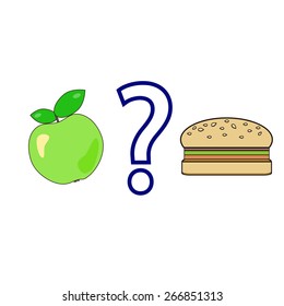 Vector illustration of a bright green apple with green leaves and a hamburger with a question mark between them. Healthy lifestyle concept. Choice concept.