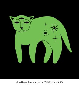 Vector illustration Bright green cat with three eyes on a black background